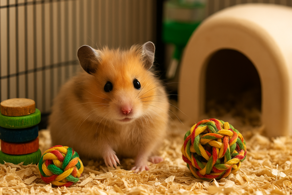 אוגר סורי פרוותי יושב בכלוב עם מצע, צעצועים צבעוניים ובית מסתור ברקע